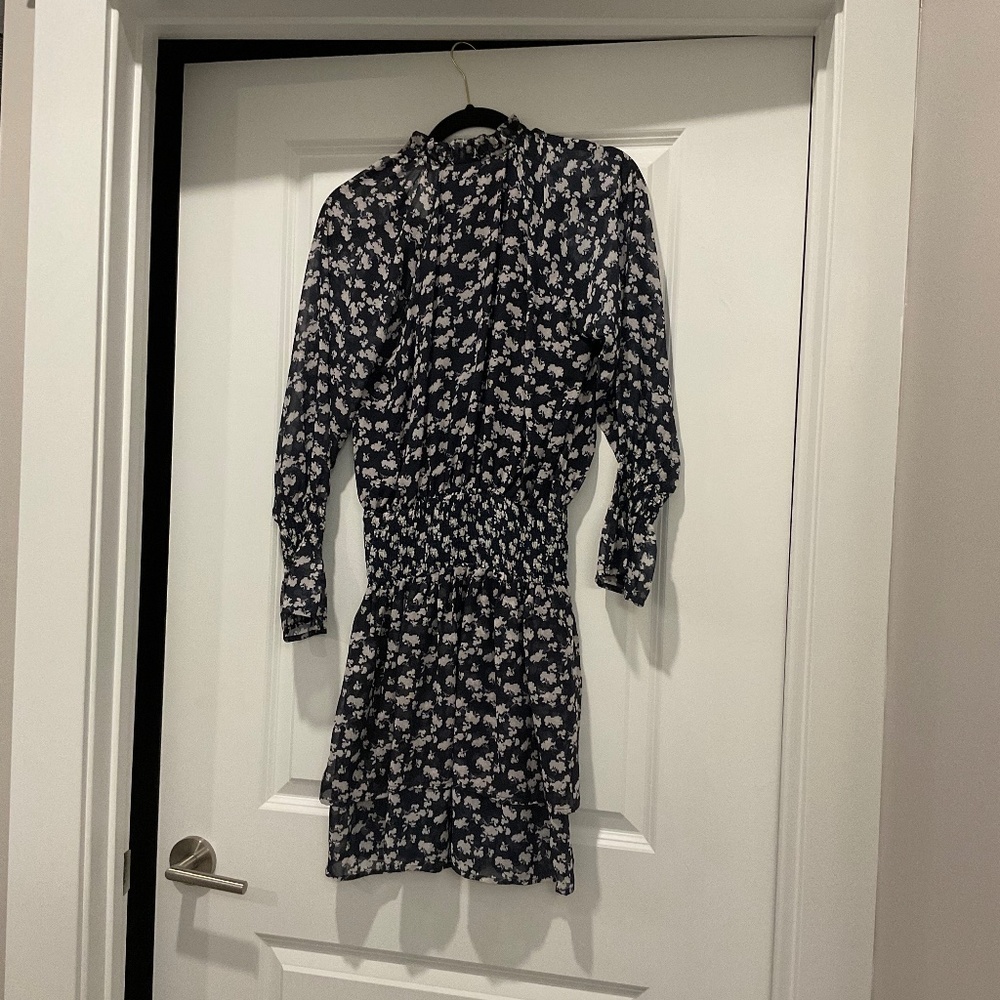 Navy and white sheer floral long sleeve mini dress